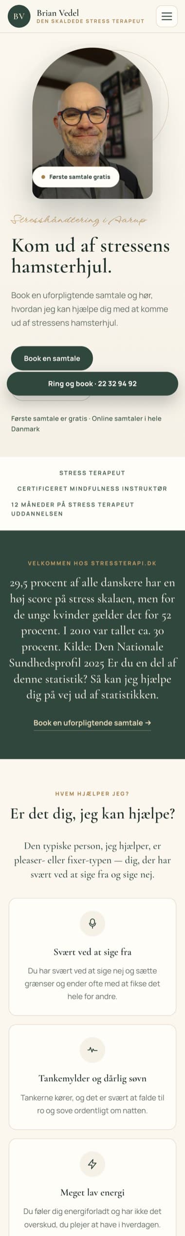 Brian Vedels hjemmeside stressterapi.dk vist på mobil