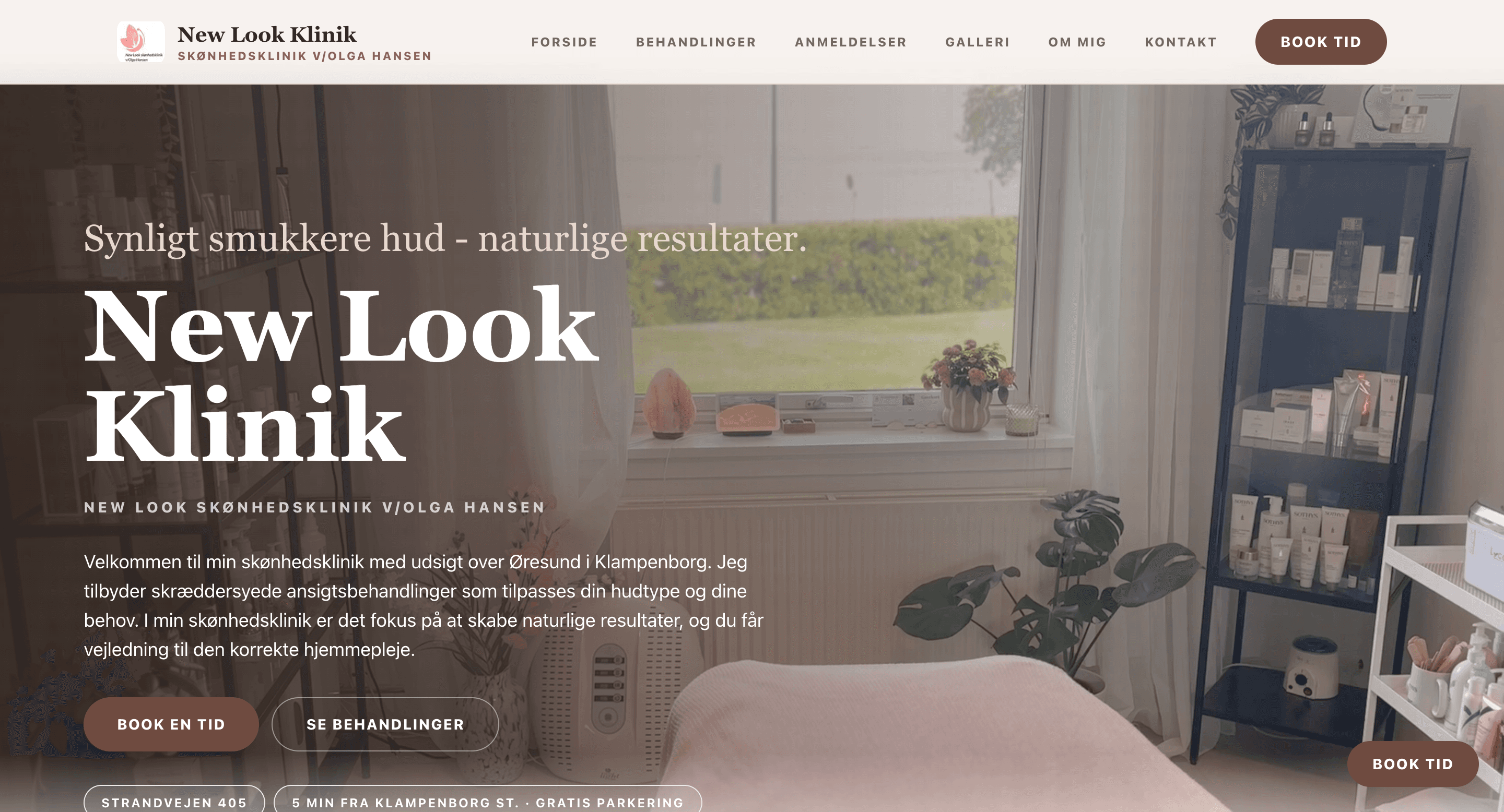 Eksempel på en klinikhjemmeside med behandlinger og tydelig booking