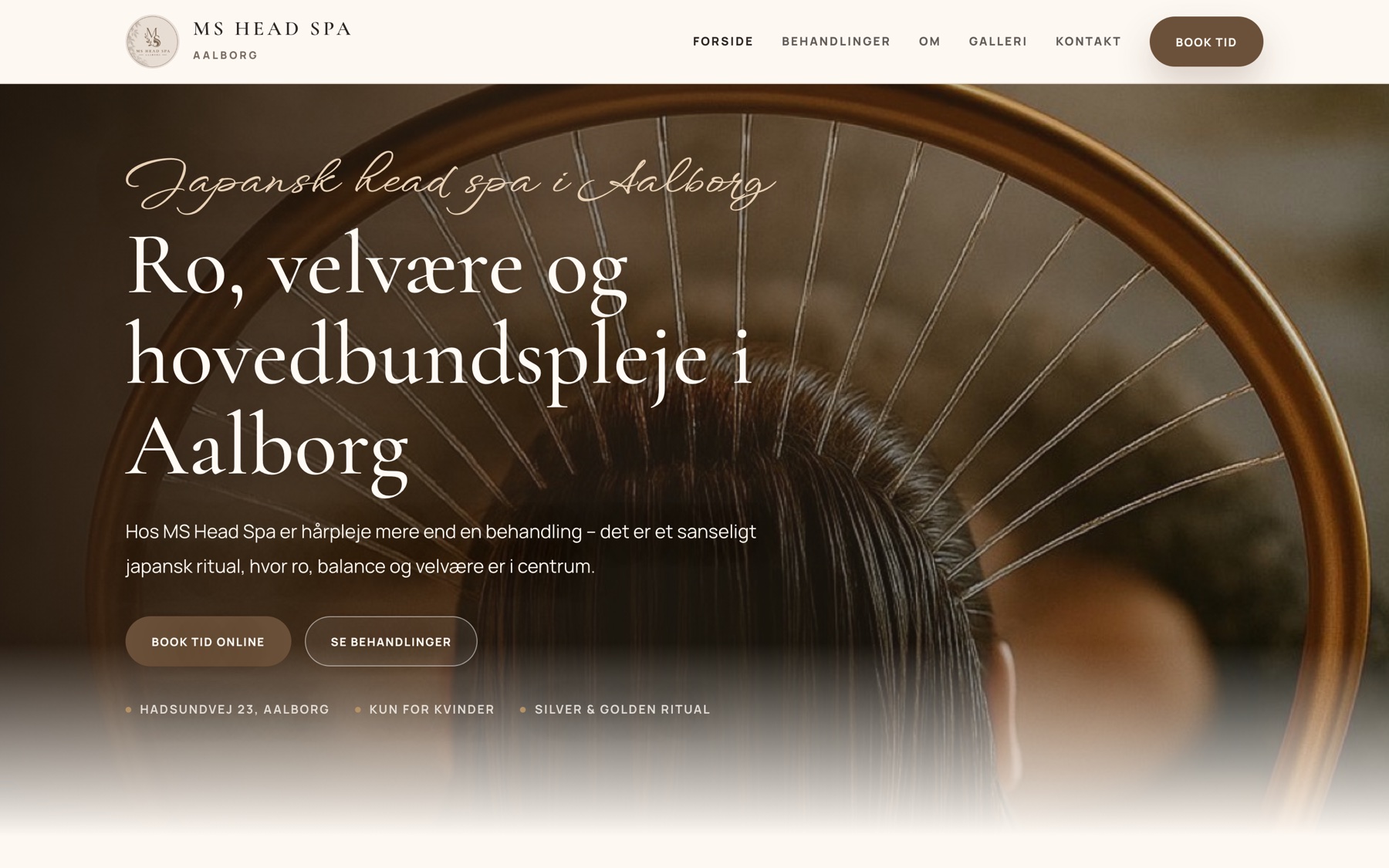 MS Head Spas hjemmeside på desktop med japansk head spa i Aalborg og book tid-knap