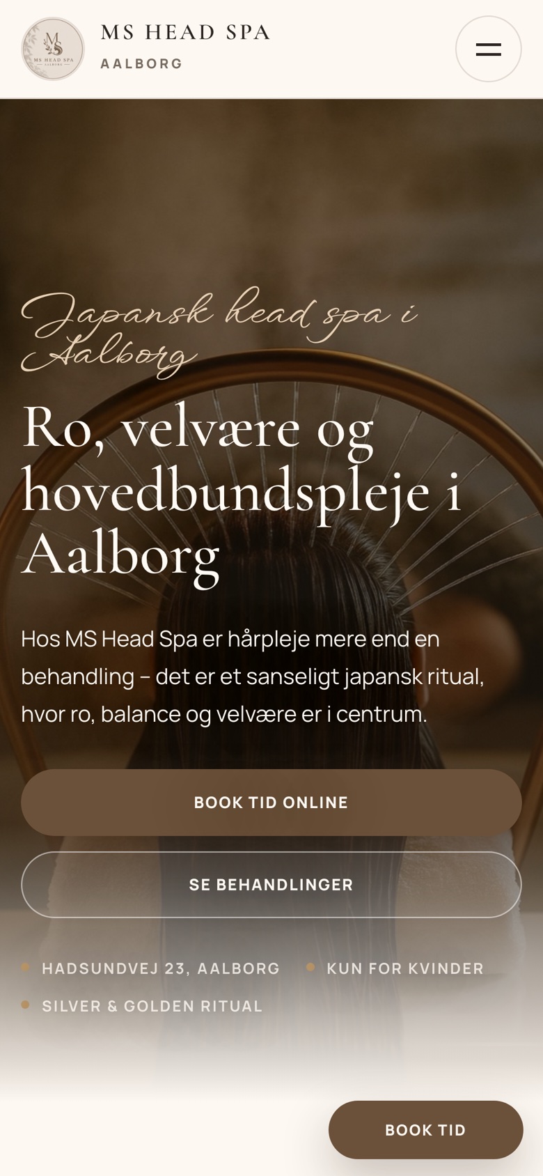 MS Head Spas hjemmeside på mobil med hero, ritualer og booking