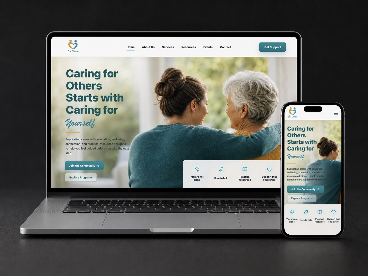 For Carers Hub-platformen vist på MacBook og iPhone