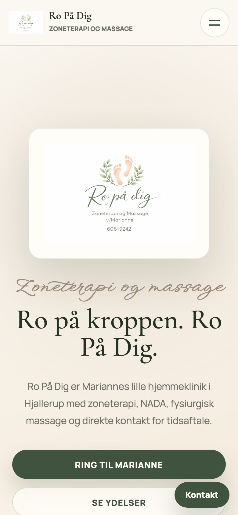 Ro På Digs hjemmeside på mobil med ydelse, billede, pris og kontaktknap