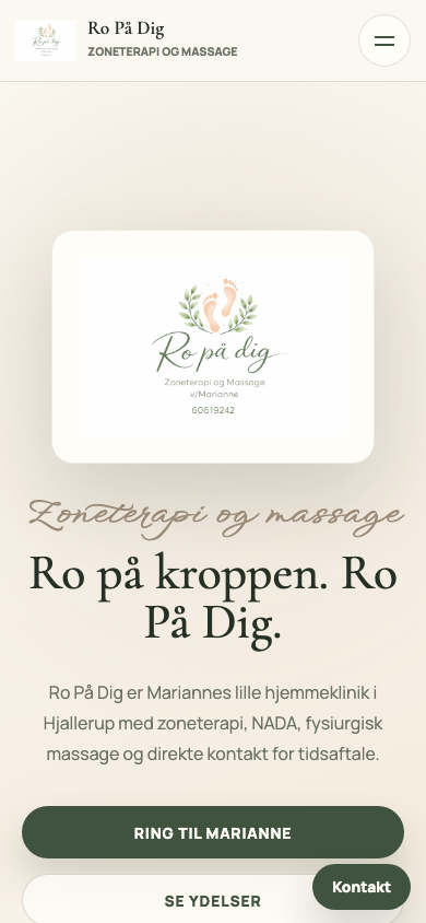 Ro På Dig vist på mobil med tydelig menu, hero og kontaktknapper
