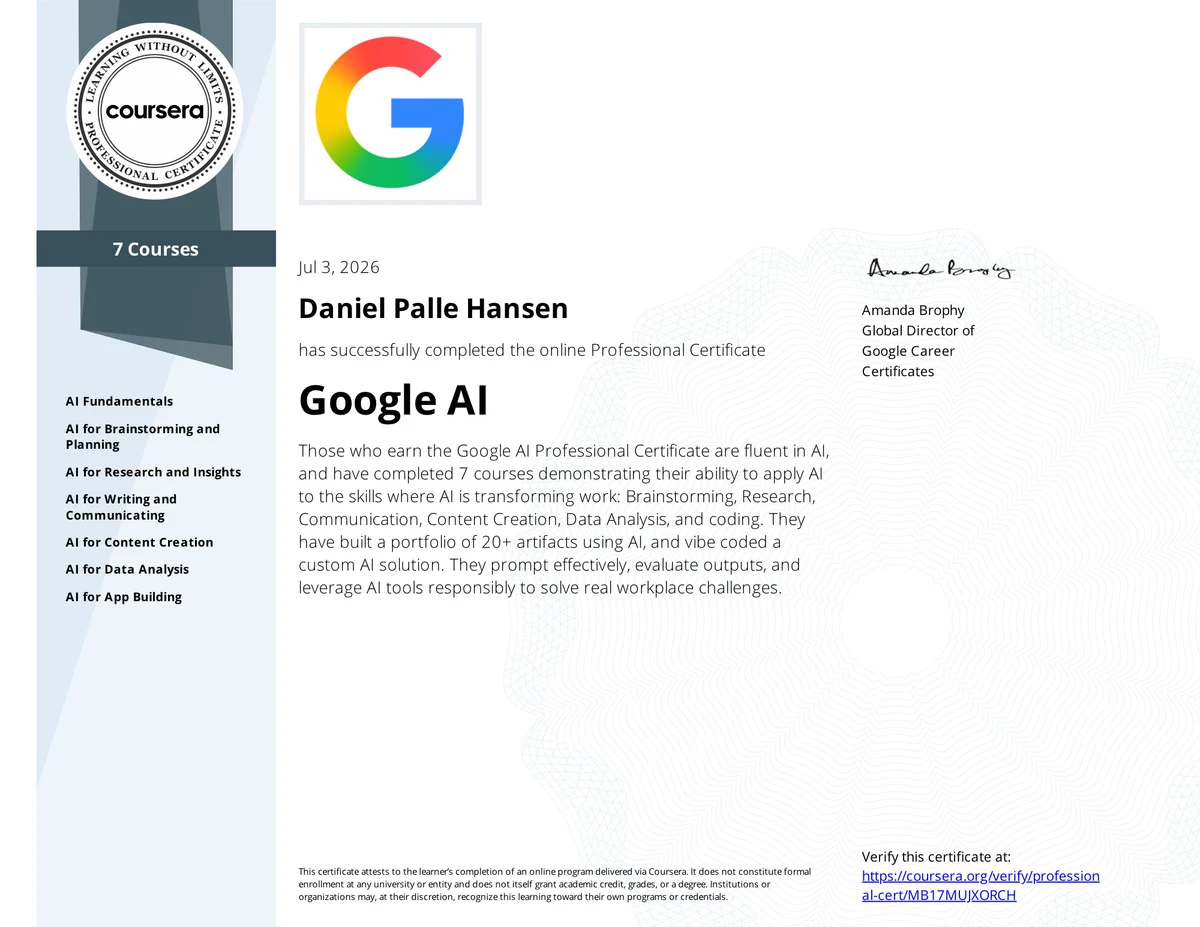 Google AI Professional Certificate udstedt til Daniel via Coursera