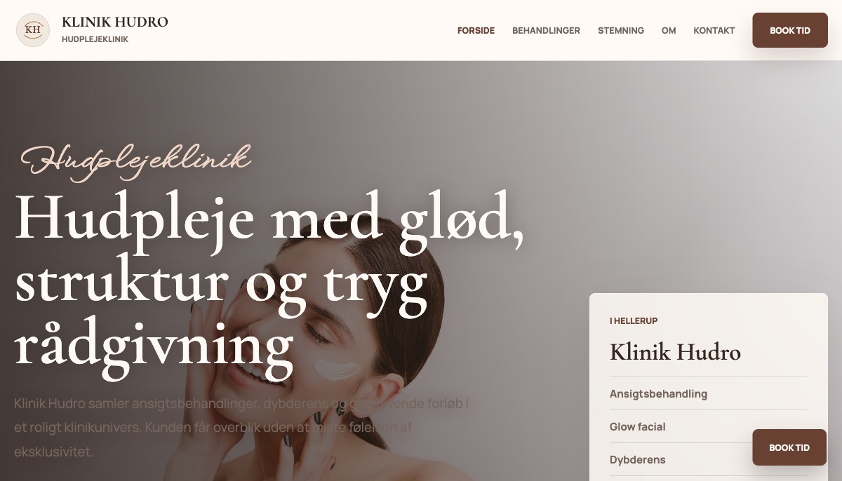 Fiktivt hjemmesideudkast til hudplejeklinik med ansigtsbehandlinger, priser og booking