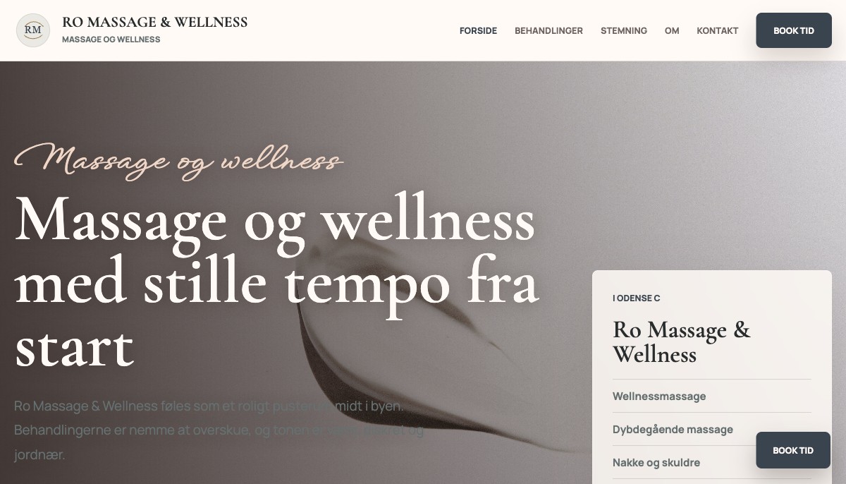 Fiktivt hjemmesideudkast til massage og wellness med behandlinger, gavekort og kontakt