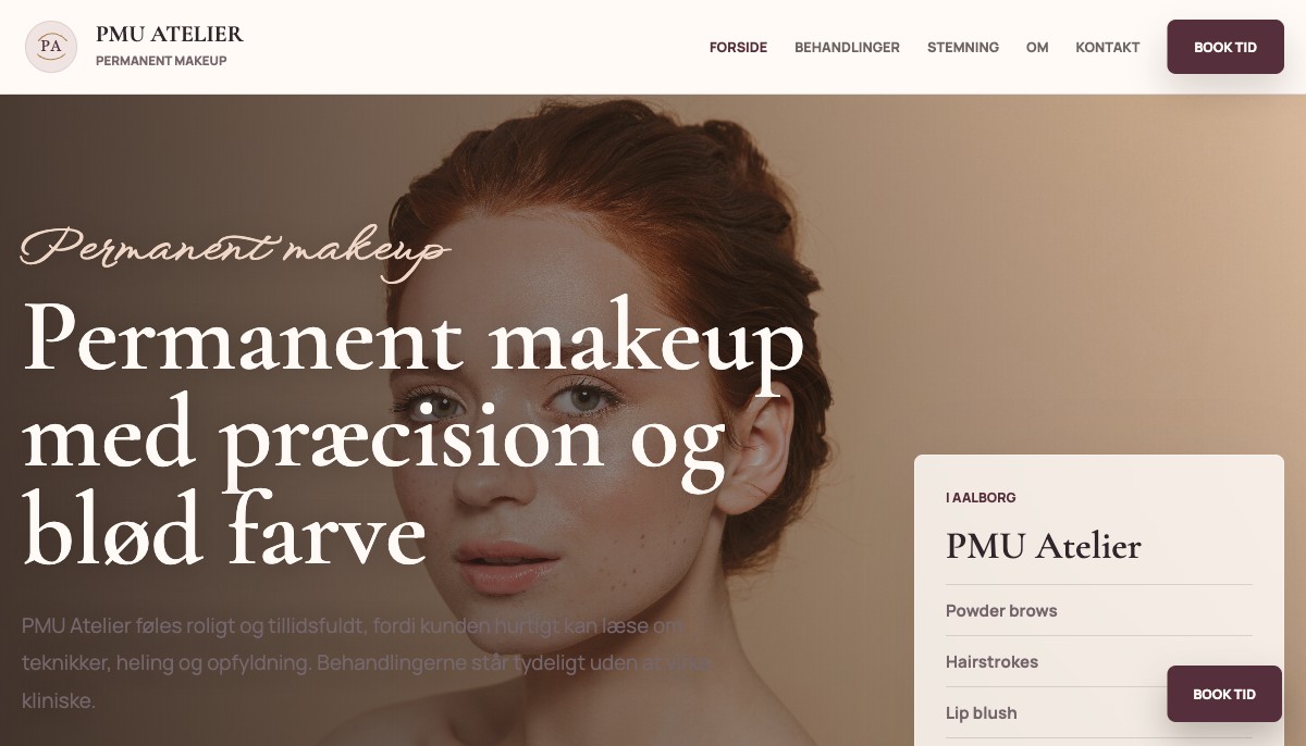 Fiktivt hjemmesideudkast til permanent makeup med PMU bryn, læber, eyeliner og kontakt