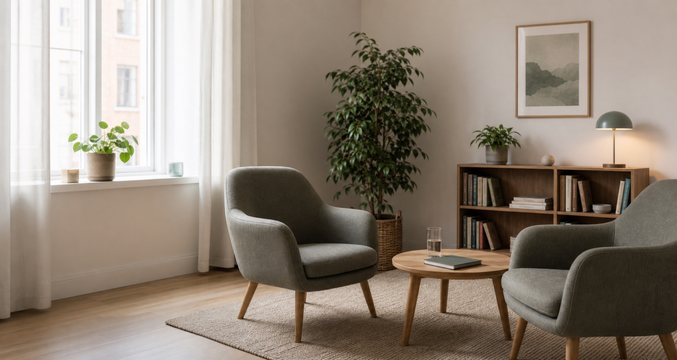 Realistisk fiktivt hjemmesidepreview til psykologpraksis med samtalerum, to stole, planter og naturligt lys
